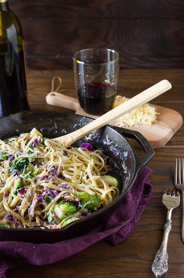 cheesy brussels sprouts and cabbage pasta