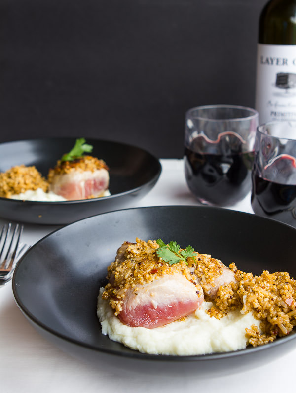 quinoa crusted tuna with cauliflower puree