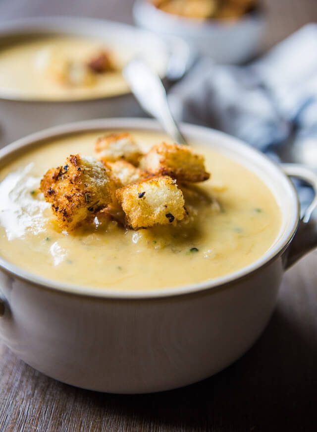 cheddar broccoli potato soup with homemade herb croutons