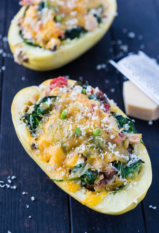 low carb spinach chicken stuffed spaghetti squash